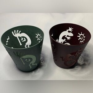 PartyLite Decorative Metal Candle Holders Green and Maroon (2) Kokopelli Gecko